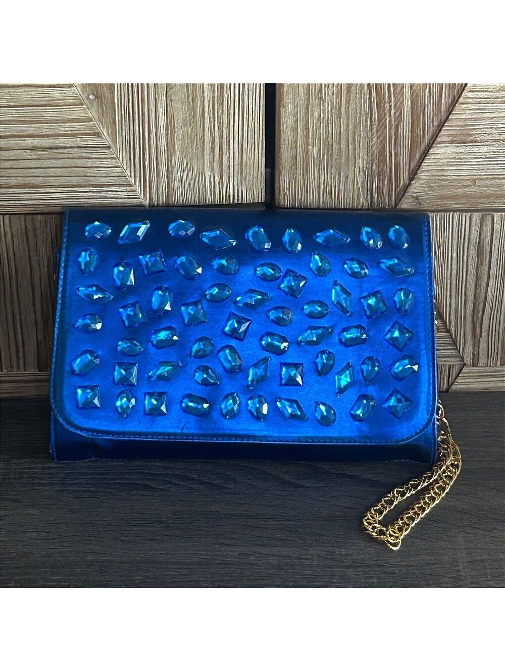 Joan Rivers Blue Satin Evening Clutch Bag Gemstones Rhinestones Gold Chain Glam